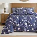 AIKASY Bed in a Bag Queen Comforter Set7 Pieces Floral Comforter Set Bedding Sets with (1 Comforter, 2 Pillow Shams, 1 Flat Sheet, 1 Fitted Sheet, 2 Pillowcases) (Navy, Queen)