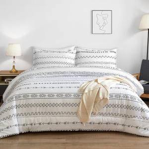 Andency White Boho Comforter Queen Size (90x90Inch), 3 Pieces (1 Bohemian Striped Comforter+2 Pillowcases) Aztec Geometric Triangle Arrow Summer Lightweight Microfiber Down Alternative Comforter Set