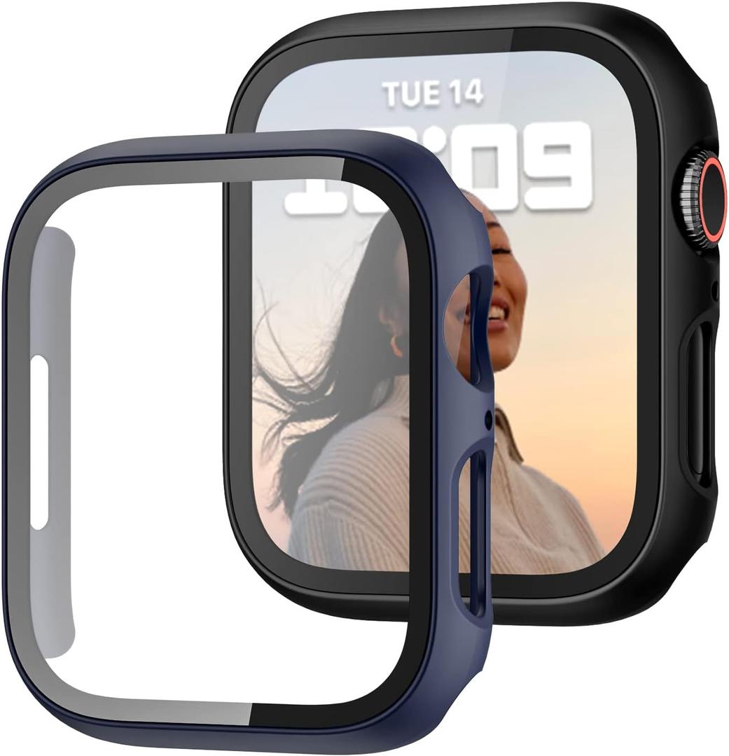 2 Pack Case with Tempered Glass Screen Protector for Apple Watch Series 3/2/1 42mm,JZK Slim Guard Bumper Full Coverage Hard PC Protective Cover HD Ultra-Thin Cover for iWatch 42mm,Black+Blue