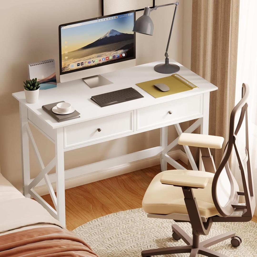 Lewahom White Computer Desk with 2 Drawers, Modern Makeup Vanity Desk with Storage, Writing Desk for Home Office, 42'' Long Study Simple White Desk for Bedroom Console Table Living Room, Small
