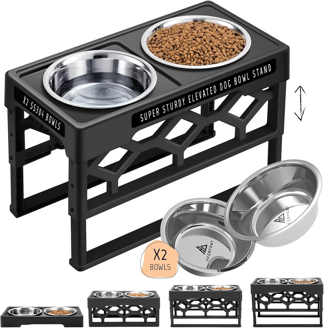 Small Dog Bowls Elevated, 4 Height Adjustable Raised Dog Bowl Stand with 2 Stainless Steel Food and Water Bowls Set, Tall Dogs Feeding Station with Anti-Slip Base for Small Medium Breeds Dogs