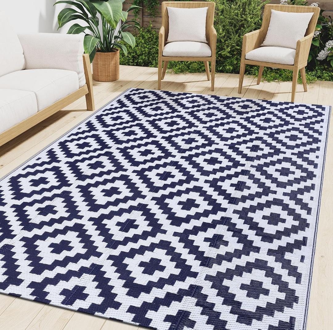 Smiry Waterproof Outdoor Rug 8x10 ft, Reversible Plastic Straw Patio Camping Rugs, Outdoor Indoor RV Mat Carpet for Patio, Outside Entry, Backyard, Deck, Bench, Picnic, Camper, White & Navy (8x10 Feet, White and Navy)