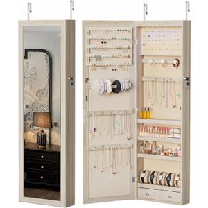 DUMOS Jewelry Armoire Cabinet with Full Length Mirror, 47.2" Tall Wall Mounted or Over the Door Jewelry Organizer with 33 Necklace Hooks, Lockable Large Capacity Jewelry Armoire with Drawers, Khaki