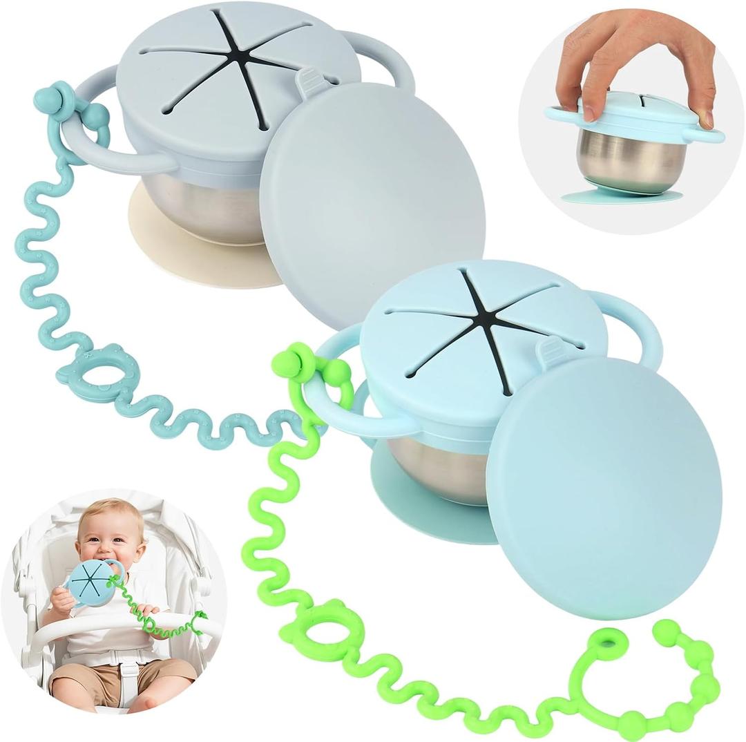 2 Pack Toddler Snack Cups 5-in-1 Snack Cups for Toddlers Spill Proof with Suction Cup and Anti-Loss Rope, Detachable Stainless Steel Cups with Silicone Lids & Handles (Light Blue and Light Grey)