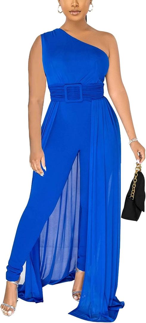chicyes Women's Jumpsuits Dressy Date Night Rompers Long Sleeve Bodycon Pants Birthday Party Outfits Clothes (Blue, XL)