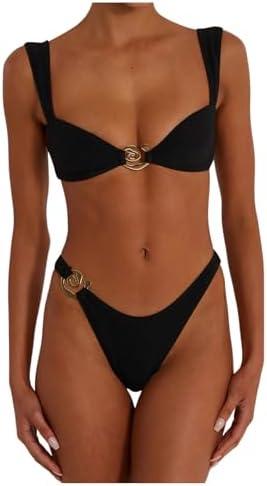 SOLY HUX Metal Ring High Cut Bikini Sets for Women Brazilian Cheeky Two Piece Sexy Bikinis Bathing Suit Swimsuits, Small