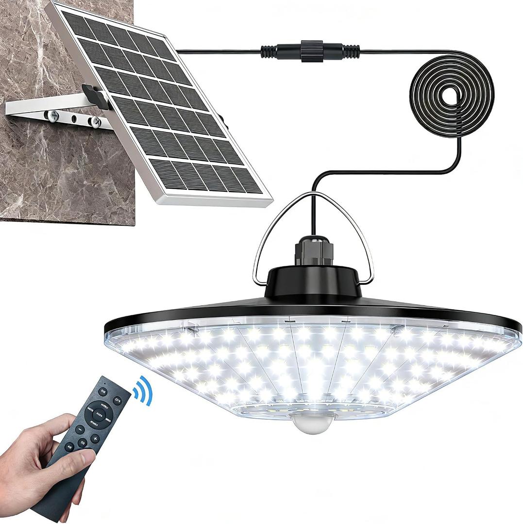 Solar Shed Light 198LED 1200LM Solar Powered Motion Sensor Light, 5 Modes Remote Control, IP65 Waterproof Solar Hanging Barn Light with 16.5ft Cable for Indoor Outdoor Home Gazebo Shop Chicken Coop