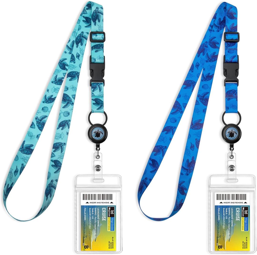 MNGARISTA Cruise Lanyards, Adjustable Lanyard with Retractable Reel, Waterproof ID Badge Holder for All Cruises Ships Key Cards, 2pack (Sea Turtle)