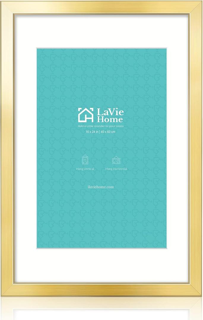 LaVie Home 16x24 Picture Frame Gold Poster Frame,Display Pictures 12x18 with Mat or 16x24 Without Mat, Stable and Sturdy Frame and Polished Plexiglass, Horizontal and Vertical Format of The Walls