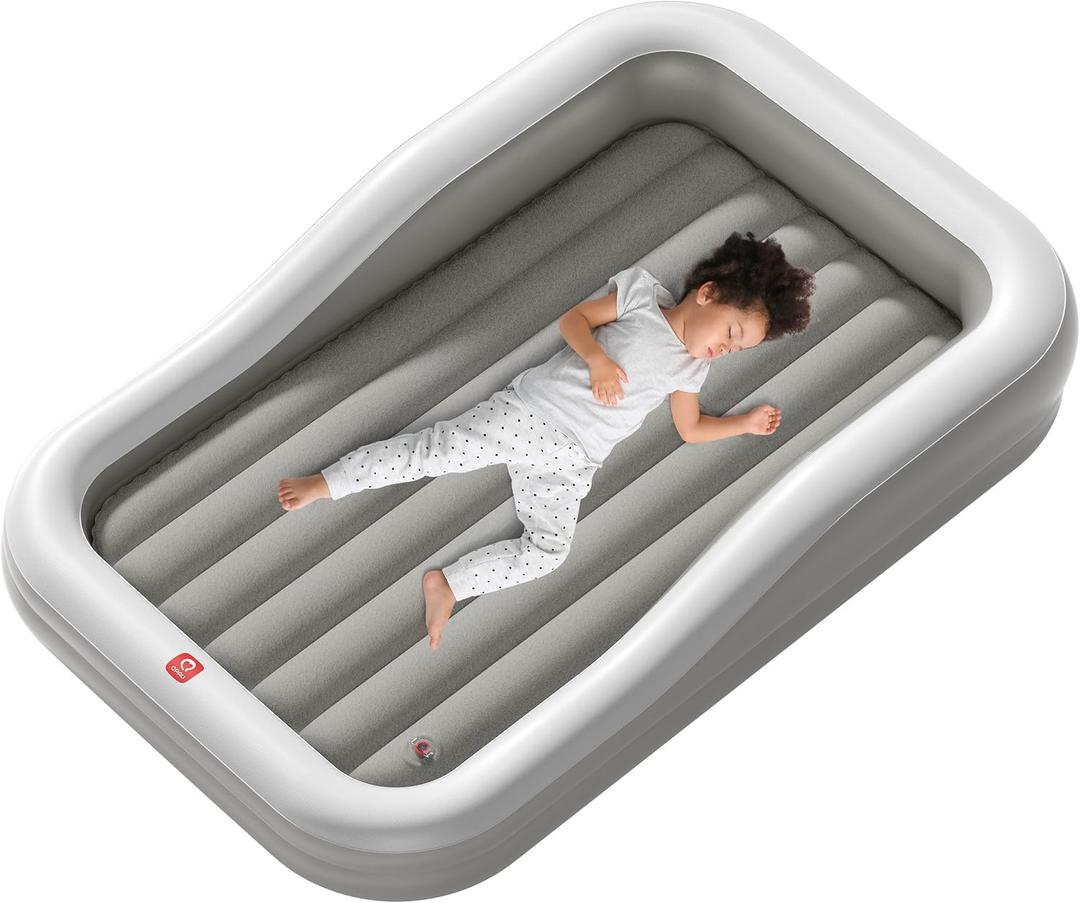 QPAU Inflatable Toddler Travel Bed with 3-Sided Safety Bumpers, Extra Large Kids Air Mattress, Includes Detachable Mattress, Portable for Camping, Travel, Home Use (Grey)