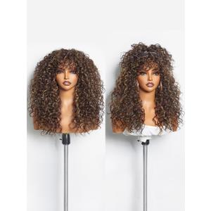 GORGIUS Veralux Blend Human Hair Highlight Brown Curly Wig with Bangs Glueless Synthetic Bang Wigs with Realistic Scalp Put On ang Go Beginner Friendly 20 Inch (#M427 Brown Highlights | Shaggy Curls)