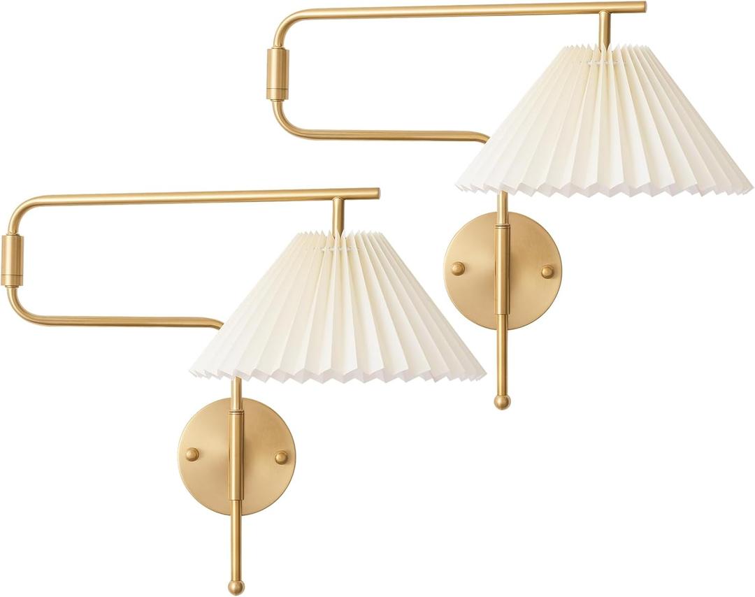 Gold Swing Arm Wall Sconce Set of 2,Plug in Wall Sconces with White Pleated Fabric Shade, Hardwired Wall Light Fixtures with Dimmable Switch for Bedroom Bedside, Living Room, House Reading