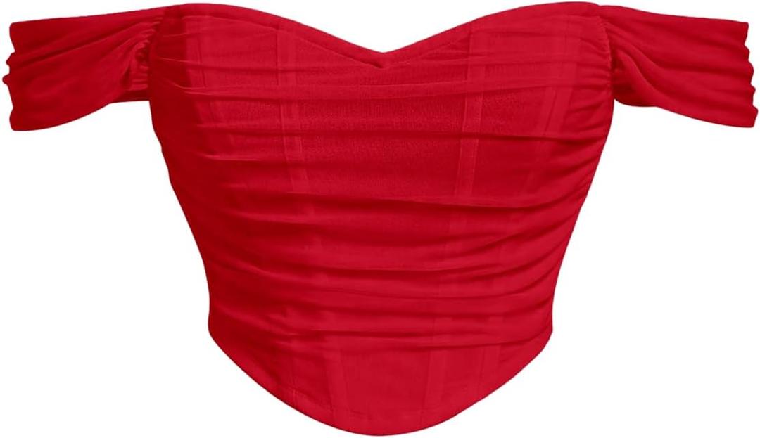 MakeMeChic Women's Plus Size Off Shoulder Mesh Corset Bustier Tops Ruched Tank Zipper Slim Fitted Sexy Crop Top (3X-Large Plus, Red)