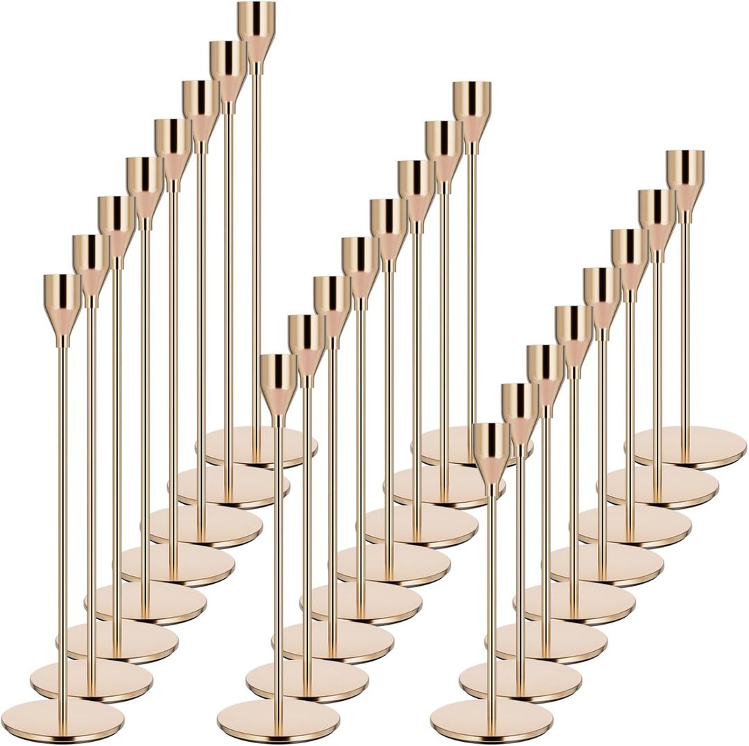 Pink Gold Candle Holders Set of 24 - Candlestick Holders for Taper Candles - Metal Material & Modern Decorative - Fits 3/4 inch Candles for Table Centerpiece, Mantel, Party, Christmas Decoration