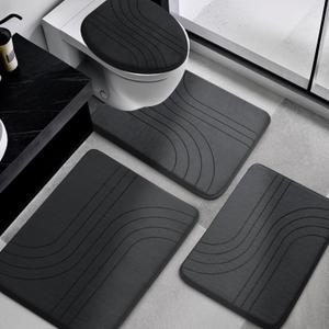 YIHOUSE Memory Foam Bathroom Rugs Set 4 Pieces, Soft Non Slip Bathroom Mats Set, Extra Thick Bath Mats for Bathroom, Machine Washable Bath Rugs for Tub, Toilet and Floor (Black)
