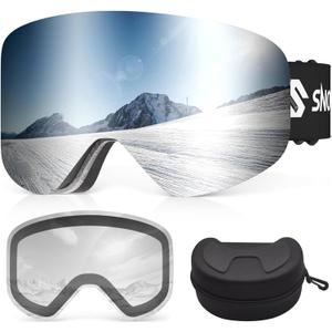 Ski Goggles, Frameless Snowboard Goggles with 2 UV400 Magnet Ski Lenses for Men & Women (Silver(vlt 9%) + Clear (Vlt 83.5%))