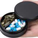 Pill Box 2 Compartment Pill Case - Portable Metal Travel Pill Container for Pocket or Purse, Waterproof Pill Organizer Holder for Medicine Vitamin Fish Oil and Supplements (Black)