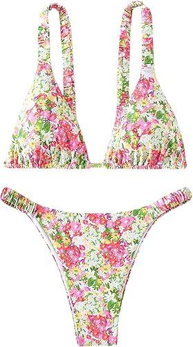 MakeMeChic Women's Two Piece Bathing Suit Floral Triangle Swimsuit High Cut Tie Side Bikini Sets Multicolor B Medium