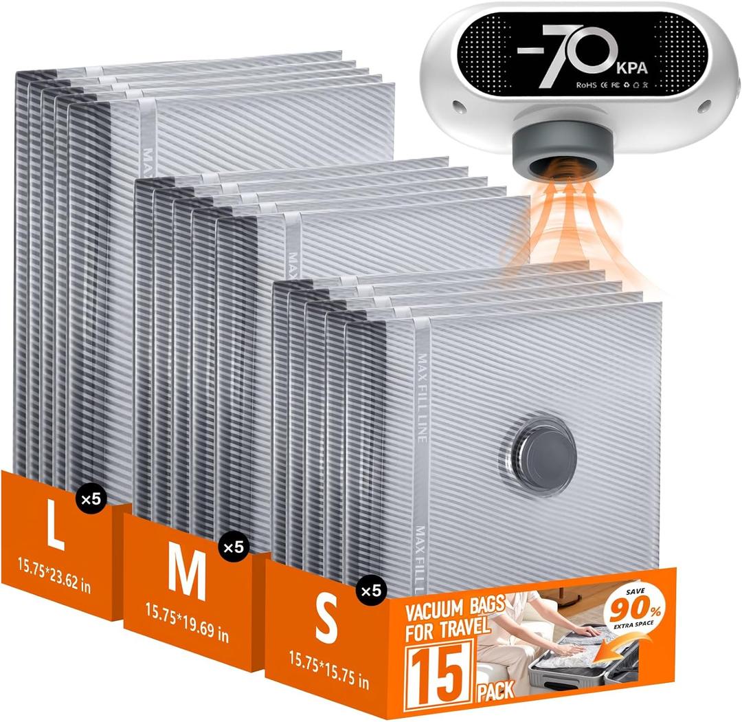 Travel Vacuum Bags with Wireless Pump, 15 Pack Vacuum Storage Bags with Powerful -70KPa Suction, for Maximum Compression in Luggage, Travel and Home Use for Clothes and Blankets.