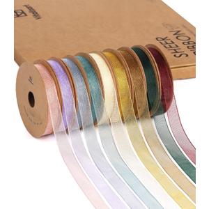 Vitalizart 3/8" x 90 Yards Organza Ribbon Set 9 Rolls x 10 Yd Sheer Ribbon for Gift Wrapping Crafts Christmas Tree Bows Wedding Invitations Wreaths Party Decor Bouquet DIY Projects (Mixed Colors)