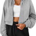 SOFIA'S CHOICE Cropped Zip Up Hoodie Women Long Sleeve Drawstring Sweatshirt with Pockets Light Gray Medium (Gray)