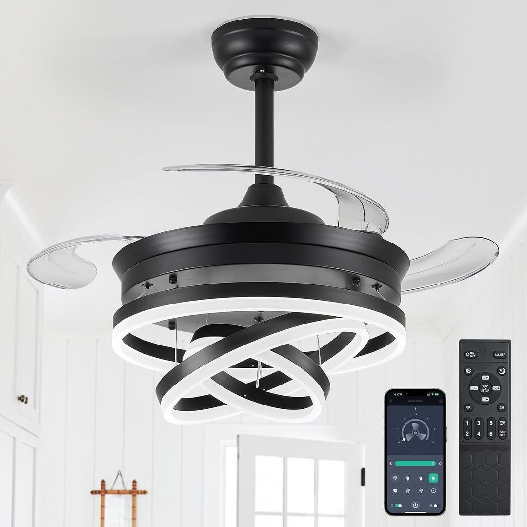 42" Retractable Ceiling Fans with Lights, Modern Fandelier Ceiling Fan with LED Light and Remote/APP Control 3 CCT, Reversible, 6 Wind Speed, Chandelier Ceiling Fan for Bedroom, Living Room Black