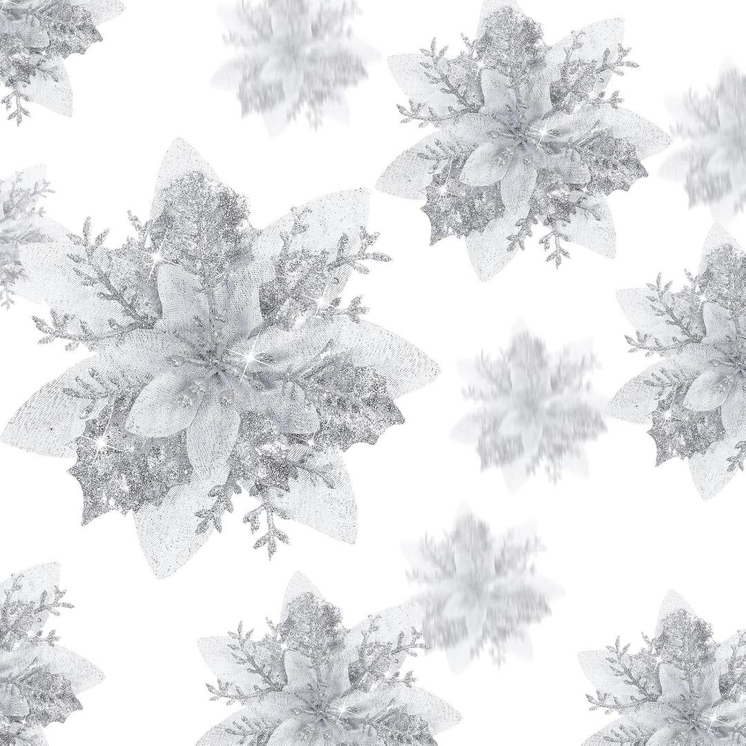 24 Christmas Glitter Artificial Poinsettia Flowers Xmas Poinsettia Artificial Wedding Flowers Decorations Xmas Tree Ornaments with Clips for Party Favors, 6 Inch, 4 Inch, 3 Inch (Silver)