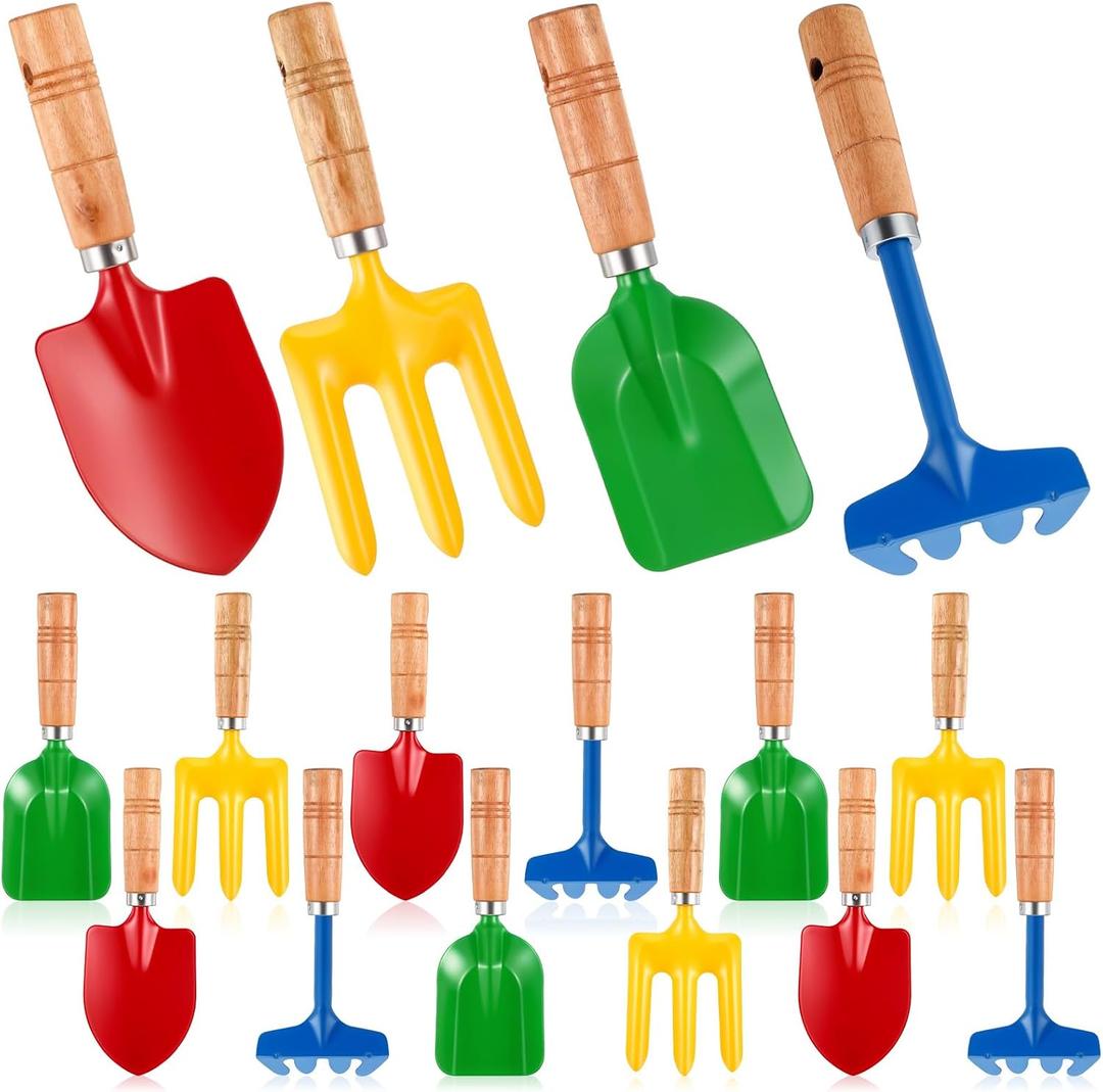 16 Pcs Gardening Tools Metal Garden Beach Sandbox Digging Including Shovel, Rake, Fork and Trowel, Garden Beach Sand Tools with Wooden Handle Hoe for Gift Outdoor Gardening