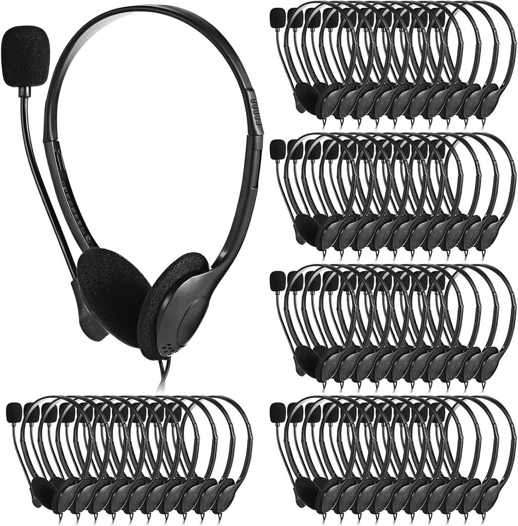 Kathfly Headset with Microphone Black Stereo Headphones Adjustable Office Conference Headphones with 3.5mm Plug for Adult Mobile Phone Tablet Business Call Center(20 Pcs)