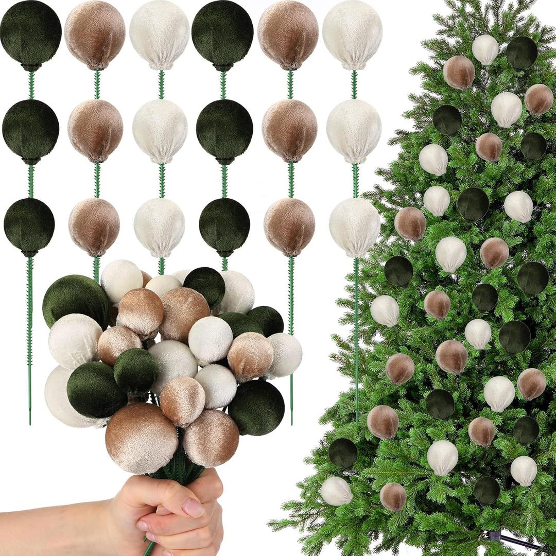 36 Pcs Neutral Christmas Tree Picks Velvet Ball Spheres 7.9 Inch Christmas Tree Picks Ball Ornaments DIY Crafts for Xmas Vase Fillers Wreath Home Office Party Decor(Brown,Beige,Green)