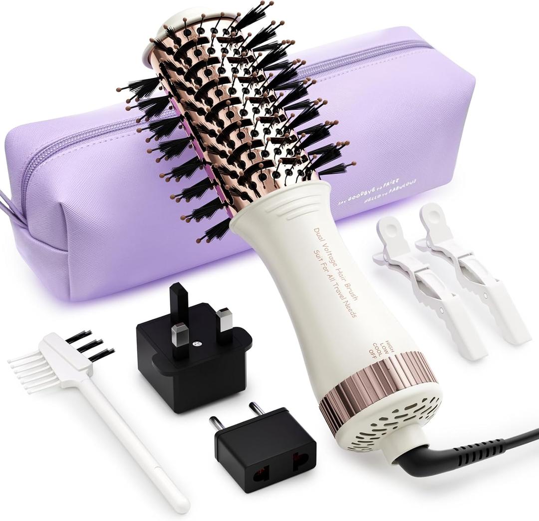 4-in-1 Travel Dual Voltage Hair Dryer Brush Blow Dryer Brush,Portable 2 inch Mini Hot Air Brush,Travel Hair Styler/Volumizer/Straightener/Curler,110-240V European Blow Dry Brush with EU&UK Plug (50mm Oval, White & Rose Gold)