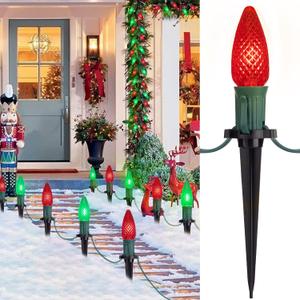 C9 LED Christmas Lights Outdoor with stakes, 25.7ft 20 LED Strawberry String Lights, Connectable Shatterproof Pathway Lights Marker for Path, Lane, Patio, Xmas Holiday Decorations, Red and Green (1 Pack)
