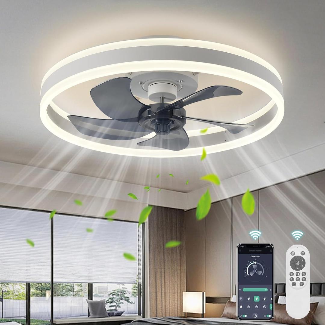 Low Profile Ceiling Fans with Lights and Remote,19.7in Flush Mount LED Dimmable Ceiling Fan,Pure White Fandelier Ceiling Fan for Bedroom.
