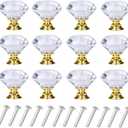 YourGift 12 Pack Drawer Knobs Diamond Shaped Crystal Glass 30mm Cabinet Knobs Pull Handles (Gold)