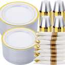 realluck 350 PCS White and Gold Plastic Dinnerware Set for 50 Guests, 100 Disposable Plates for Party, 50 Pre Rolled Napkins with Gold Silverware, 50 Cups
