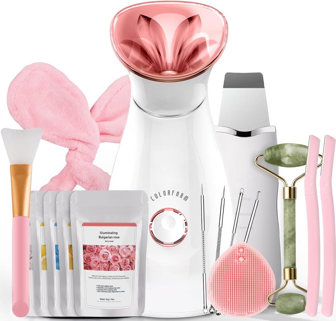 Colorfarm Facial Steamer Nano Ionic: Face Steamer Home Spa Kit Deep Cleaning Unclogs Pores Sinuses Inhaler with 8 Skin Care Tools - Self Care Gifts for Women (Deep Cleansing Facial Kit) (Over 8 Pieces set, Set1- Rosy / Gold)