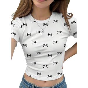 SHENHE Girl's Graphic Tee Y2k Bow Shirt Crewneck Short Sleeve Aesthetic Slim Fit Crop Top (White), 16Y