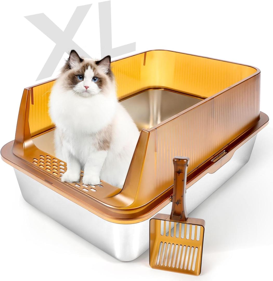 Stainless Steel Cat Litter Box, 23.6" x 15.7 x 11.8 Extra Large Semi Enclosed Litter Box for Big Cats High Sided Metal & Scoop Absorbs Odors, Anti-Urine Leakage, Non-Sticky & Easy Cleaning
