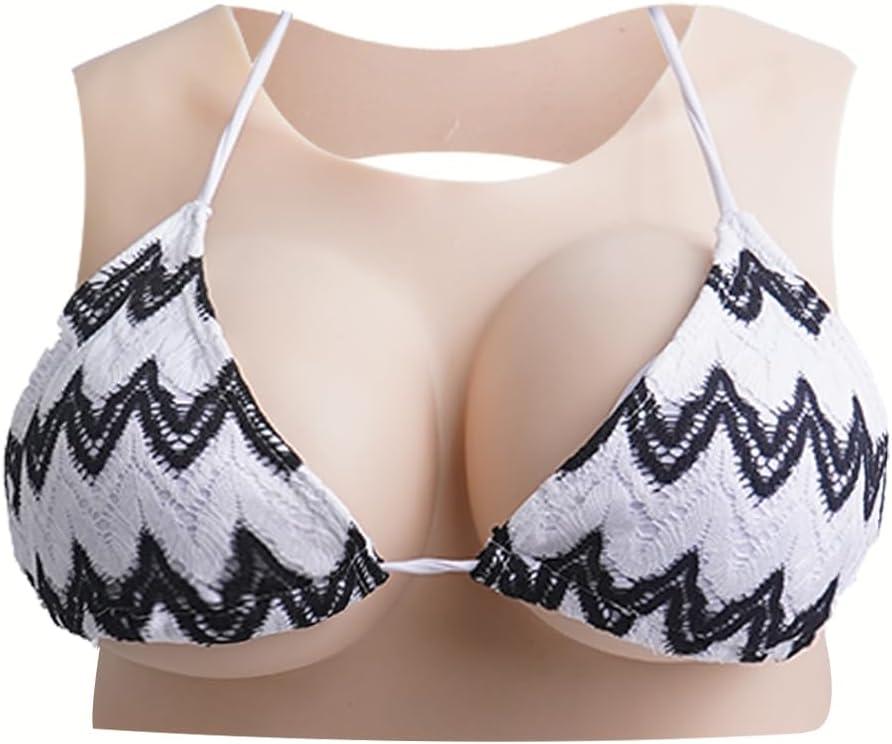 Round Collar Silicone Breastplate, Back Hollow Fake Boobs Breasts Forms B-G Cup for Crossdressers Transgender Drag Queen (White)