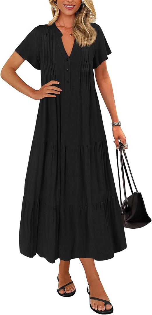 KIRUNDO Summer Maxi Dresses for Women 2026 Spring Fashion Short Sleeve Button V Neck Pleated Loose Tiered Swing Flowy Dress (Medium, Black)