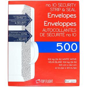 Top Flight PSTF10NWT #10 Envelopes, Strip & Seal, Security Tinted, White Paper, 24 lb, 500 Count
