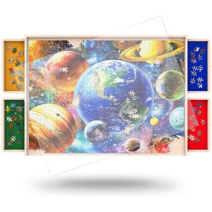 1500 Piece Puzzle Board with Drawers Rotatable 360-Degree Wheels and Cover 34'' x 26'' Wooden Jigsaw Puzzle Table Puzzle Storage Organizer Portable Lightweight Design (No Lazy Susan) (1500PCS)