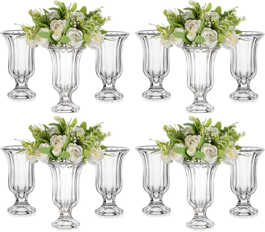 Glasseam Ribbed Glass Vase for Flowers, 7.5in Tall Vases for Centerpieces, Modern Crystal Clear Vase Set of 12, Decorative Flower Vases for Decor, Fluted Footed Urn for Wedding Dining Table Decoration (Large)