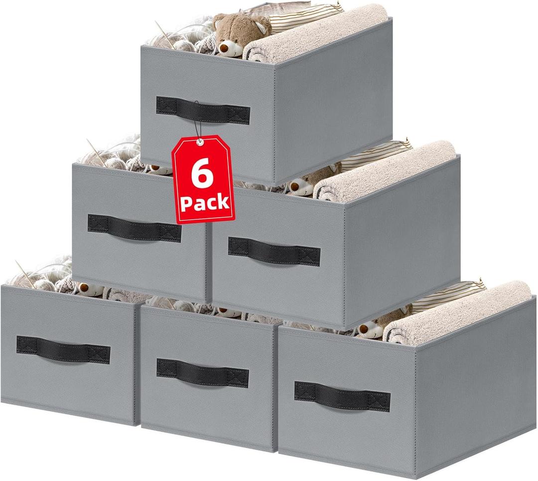Criusia Large Blanket Storage Basket - 6 Pack Fabric Storage Bins for Closet Shelf, Storage Baskets for Clothes Toys, Home Organization Bins with Handles for Living Room, Nursery, Bedroom (Grey)