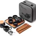 Chinese Tea Pot Cup Set with Tray Infuser - Travel Ceramic Tea set Porcelain Teapot, Portable All in One Bag for Outdoor Picnic Business Hotel (Black)