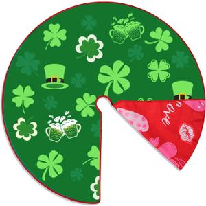 36 Inch Valentine's Day Tree Skirt Love Heart Clover Double Sided Print Mat St. Patrick's Day Tree Skirt Christmas Tree Skirt for Holiday Party Decoration