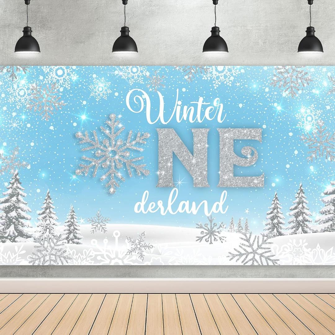Winter Onederland Backdrop 1st Birthday Party Background Winter 1st Birthday Banner First Birthday Photography for Newborn Baby Girl's First Birthday Party Decoration 6.06 x 3.60 ft (Blue)