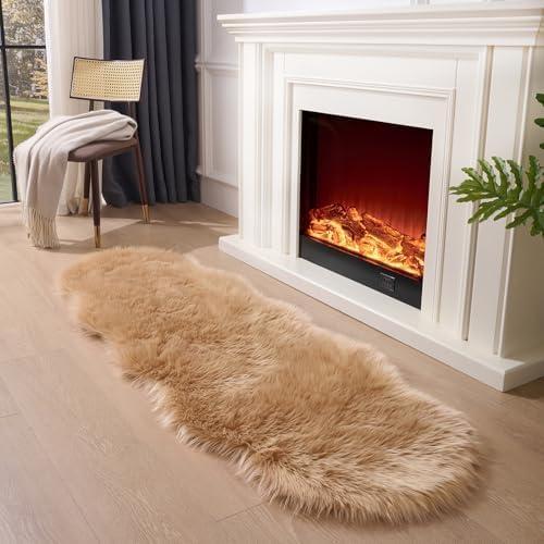 CKLZSAY Faux Fur Rug Runner 2x6 ft Brown - Machine Washable Super Soft Plush Shaggy Fluffy Area Carpet,Sheepskin Rug Fuzzy Floor Mat for Bedroom, Sofa,Living Room, Bedside, Nursery & Kids Room