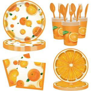 168 Pcs Orange Summer Fruit Party Supplies Birthday Decorations, Little Cutie Disposable Tableware Set, Includes Plates Cups Straws Napkins Knifes Spoons Forks, Serves 24 Guests