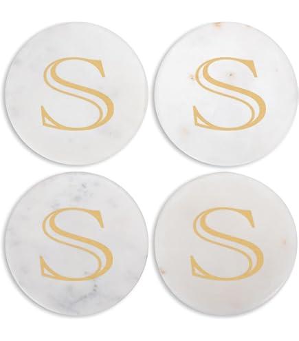Mary Square Monogrammed S Gold Foil 4 inch Marble Round Coasters Set of 4